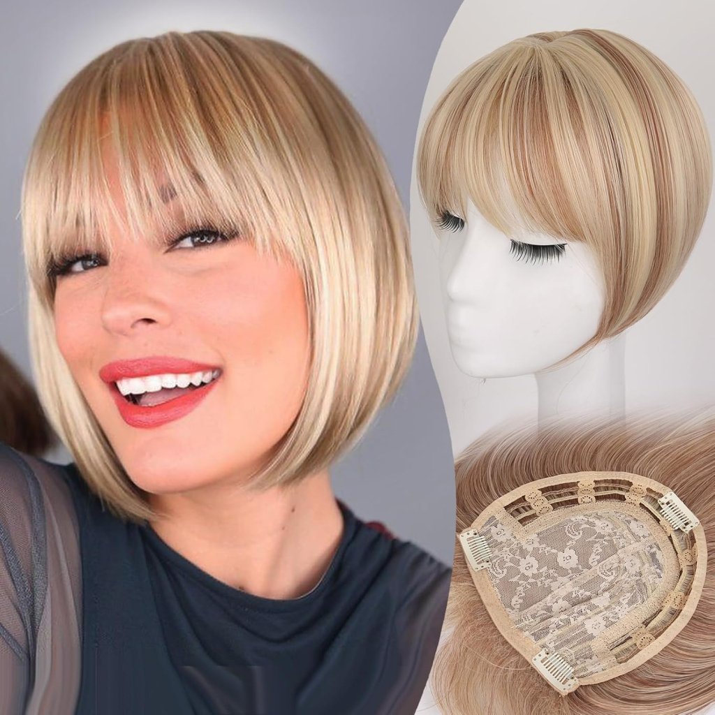 Brown Hair Topper for Women Short Bob Wigs Hair Piece with Bangs Side Part Wig Toppers for Thinning Hair Short Straight Bob Hair Topper - Wigtrends