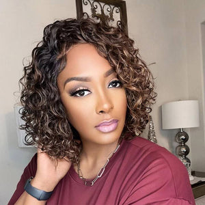 Brown Highlights Loose Curly Glueless Closure Lace Bob Wigs Human Hair - Wigtrends