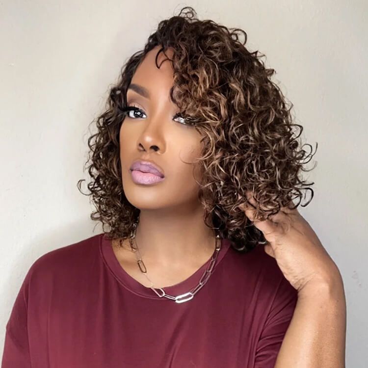 Brown Highlights Loose Curly Glueless Closure Lace Bob Wigs Human Hair - Wigtrends