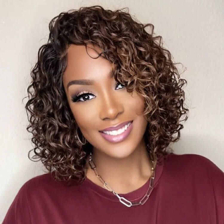 Brown Highlights Loose Curly Glueless Closure Lace Bob Wigs Human Hair - Wigtrends