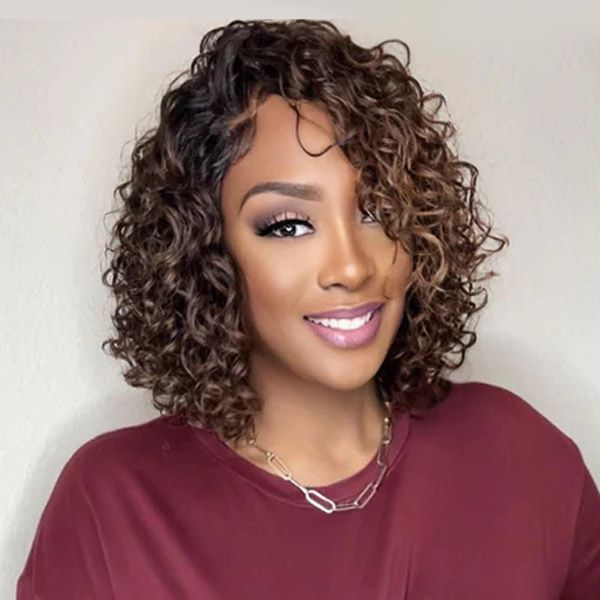 Brown Highlights Loose Curly Glueless Closure Lace Bob Wigs Human Hair - Wigtrends