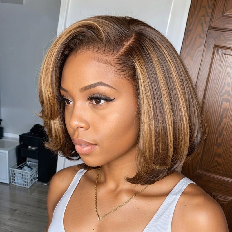 Brown Mix Blonde 5x5 Closure Lace C Part Glueless Highlight Bob Wig - Wigtrends