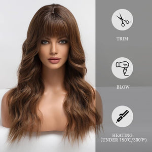 Brown Wigs with Bangs Synthetic Wigs Curly Hair Long Natural Wave Heat Resistant Hair Wigs - Wigtrends