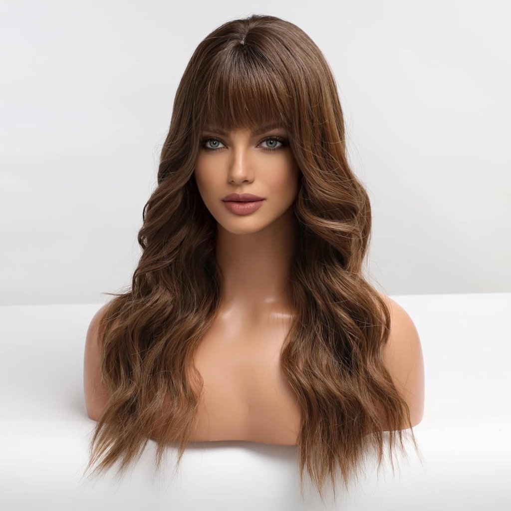 Brown Wigs with Bangs Synthetic Wigs Curly Hair Long Natural Wave Heat Resistant Hair Wigs - Wigtrends