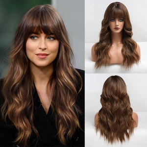 Brown Wigs with Bangs Synthetic Wigs Curly Hair Long Natural Wave Heat Resistant Hair Wigs - Wigtrends