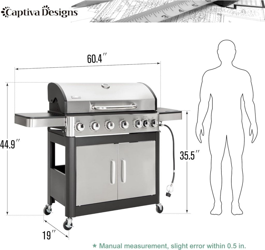 Captiva Designs 4 - Burner Propane Gas BBQ Grill with Side Burner & Porcelain - Enameled Cast Iron Grates, 42,000 BTU Output Stainless Steel Grill for Outdoor Cooking Kitchen and Patio Backyard Barbecue - Wigtrends