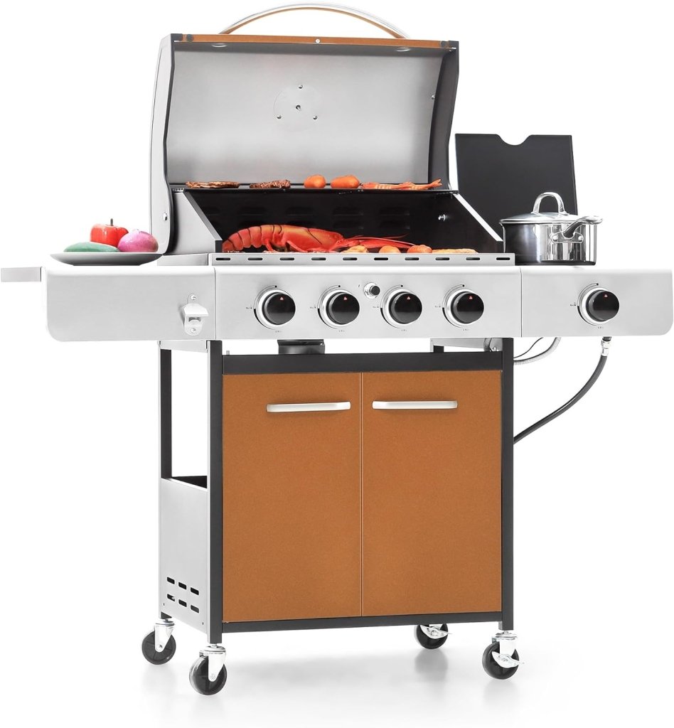 Captiva Designs 4 - Burner Propane Gas BBQ Grill with Side Burner & Porcelain - Enameled Cast Iron Grates, 42,000 BTU Output Stainless Steel Grill for Outdoor Cooking Kitchen and Patio Backyard Barbecue - Wigtrends