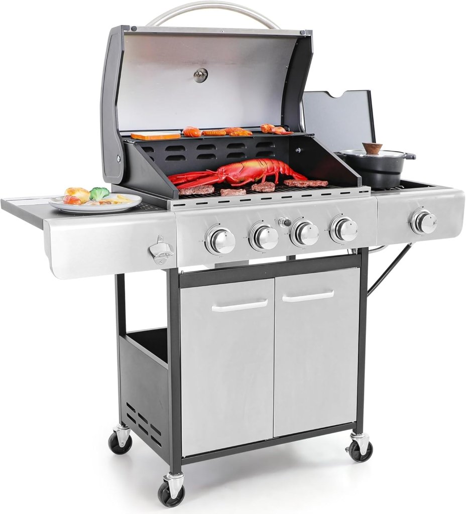 Captiva Designs 4 - Burner Propane Gas BBQ Grill with Side Burner & Porcelain - Enameled Cast Iron Grates, 42,000 BTU Output Stainless Steel Grill for Outdoor Cooking Kitchen and Patio Backyard Barbecue - Wigtrends