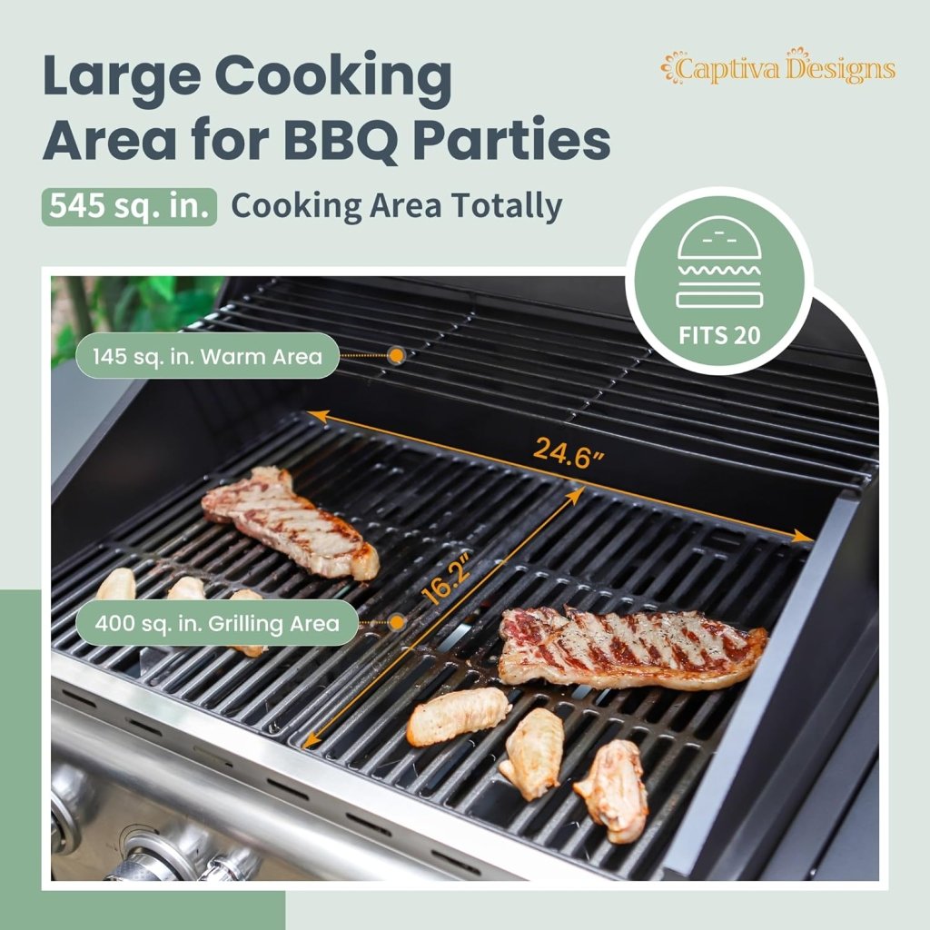 Captiva Designs 4 - Burner Propane Gas BBQ Grill with Side Burner & Porcelain - Enameled Cast Iron Grates, 42,000 BTU Output Stainless Steel Grill for Outdoor Cooking Kitchen and Patio Backyard Barbecue - Wigtrends