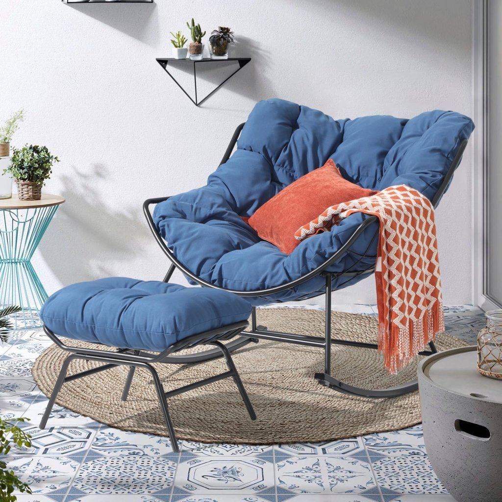 Casual Outdoor Rocking Chair with Ottoman, Patio Rocker Egg Recliner Chairs - Wigtrends