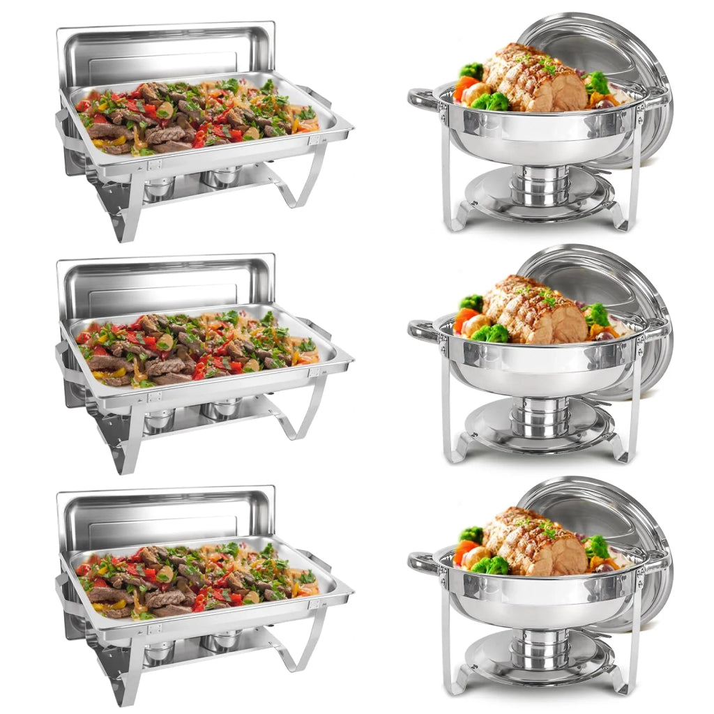 Chafing Dish Buffet Set 6 Packs, 5QT Round & 8QT Rectangle Stainless Steel Chafer - Wigtrends