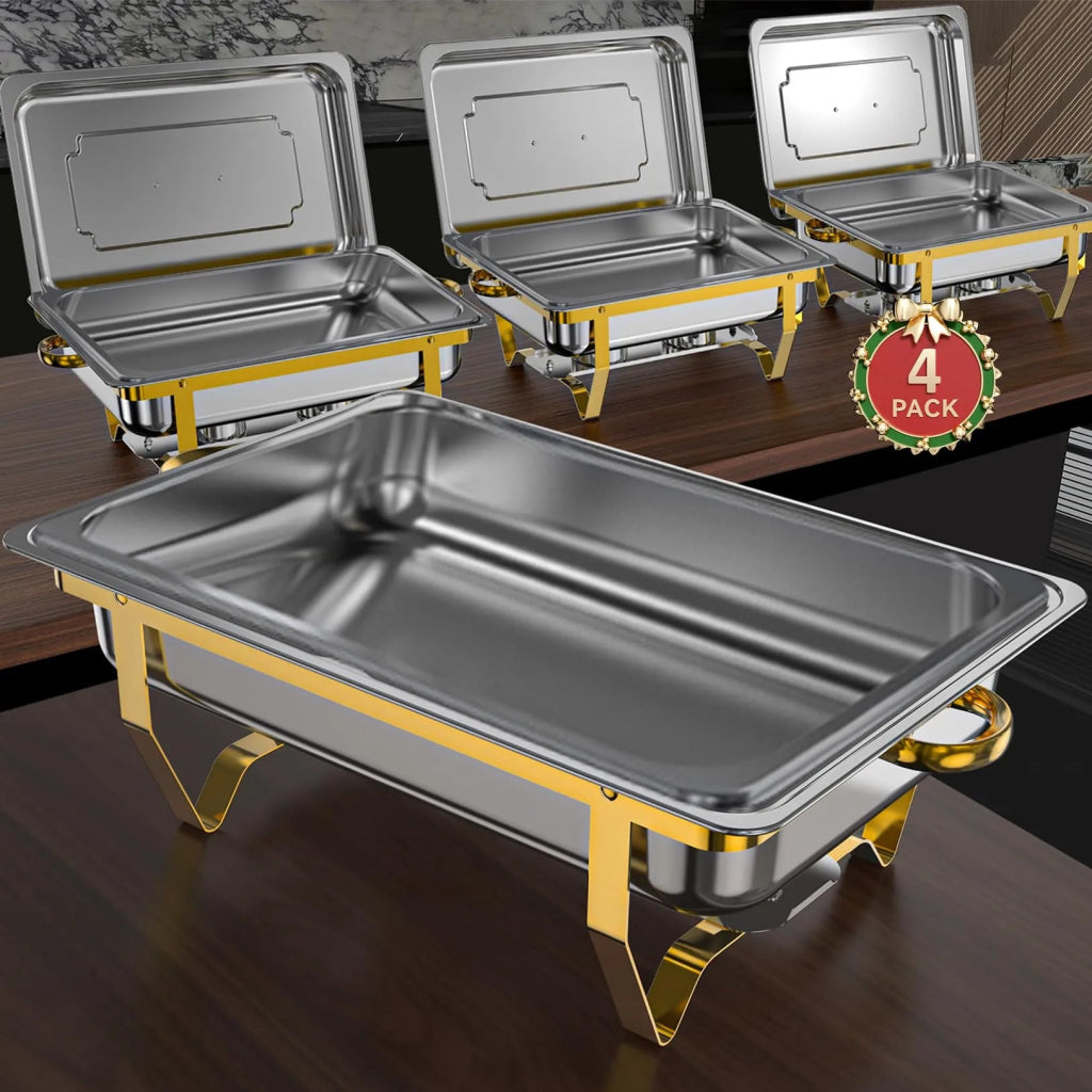 Chafing Dish Buffet Set, 8QT High Grade Chafing Dishes for Buffet, Chafers and Buffet Warmers Sets for Wedding, Rolled - Edge Design with Gold and Silver, 4 Pack (1 Pan, 1 Pan, 2x1/2 Pan, 3x1/3 Pan) - Wigtrends