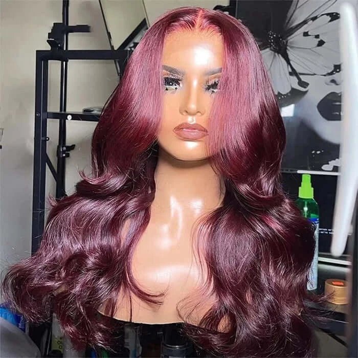Charming Body Wave Burgundy Curtain Bangs Wigs - Wigtrends