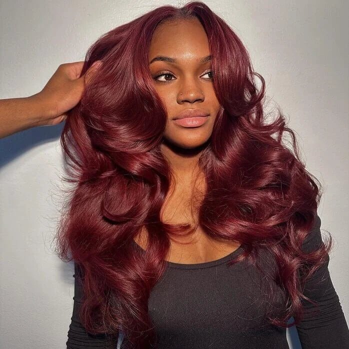 Charming Body Wave Burgundy Curtain Bangs Wigs - Wigtrends