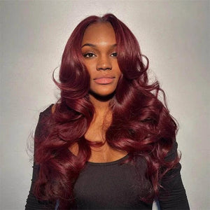 Charming Body Wave Burgundy Curtain Bangs Wigs - Wigtrends