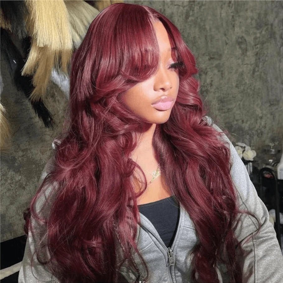 Charming Body Wave Burgundy Curtain Bangs Wigs - Wigtrends