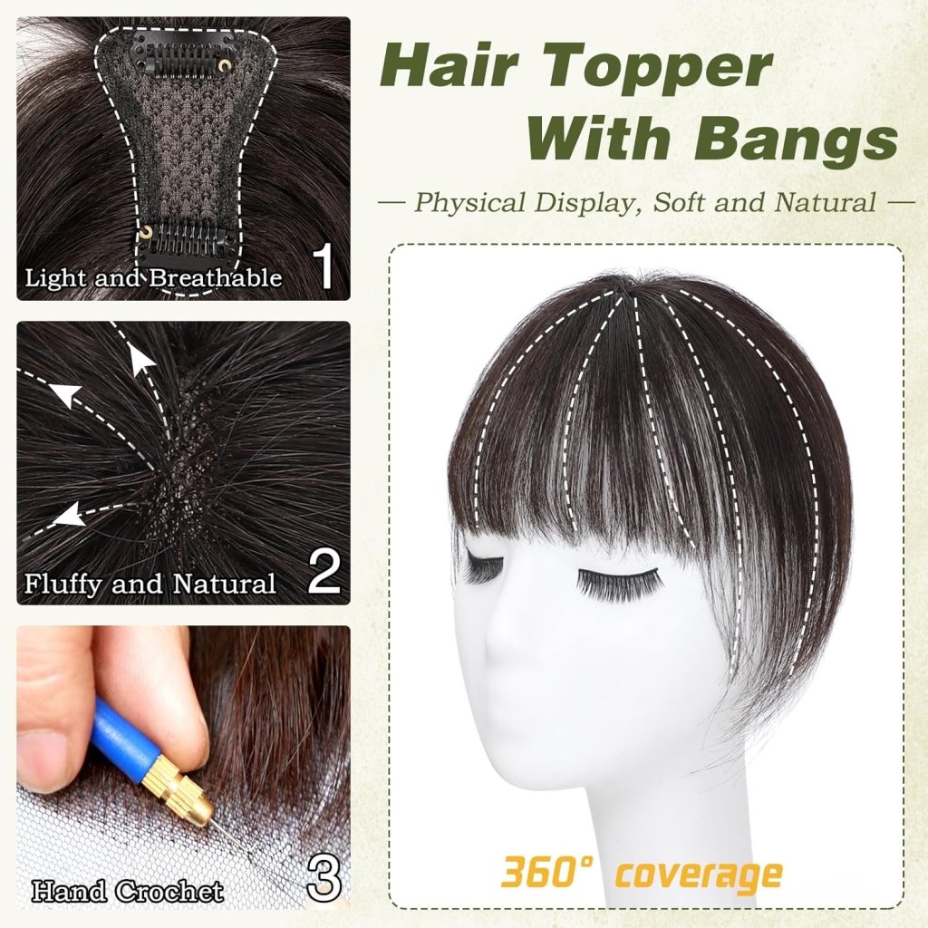 Clip in Bangs 100% Human Hair Toppers 360°3D Hair Pieces Clip On Air Bangs Extensions - Wigtrends