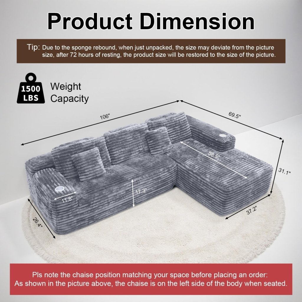 Cloud Sectional Couch with L - Shape Chaise, Modern Modular Sofa with Deep Seat, Built - in Cup Holder & Storage Pocket - Wigtrends
