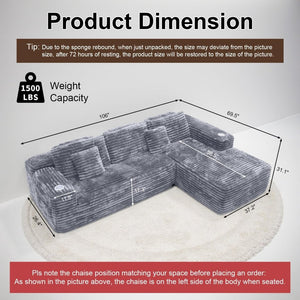 Cloud Sectional Couch with L - Shape Chaise, Modern Modular Sofa with Deep Seat, Built - in Cup Holder & Storage Pocket - Wigtrends