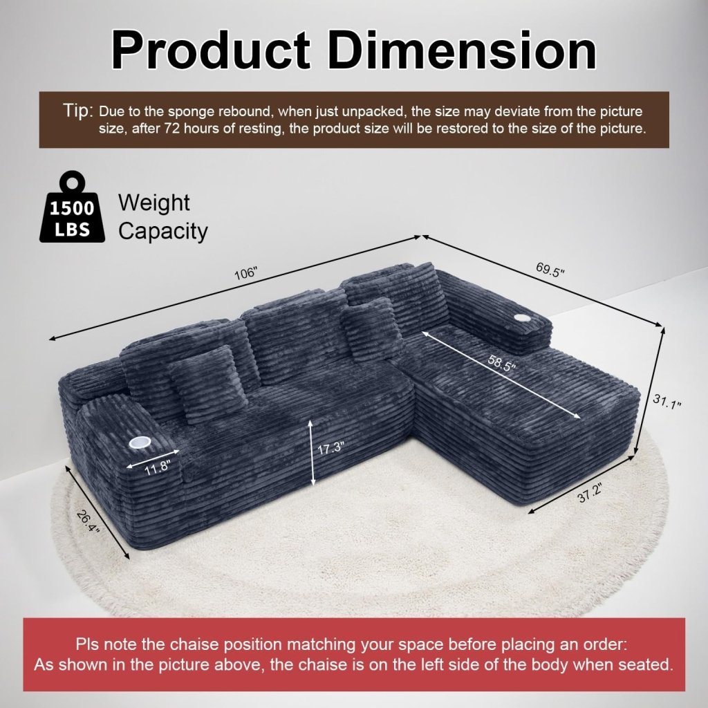 Cloud Sectional Couch with L - Shape Chaise, Modern Modular Sofa with Deep Seat, Built - in Cup Holder & Storage Pocket - Wigtrends