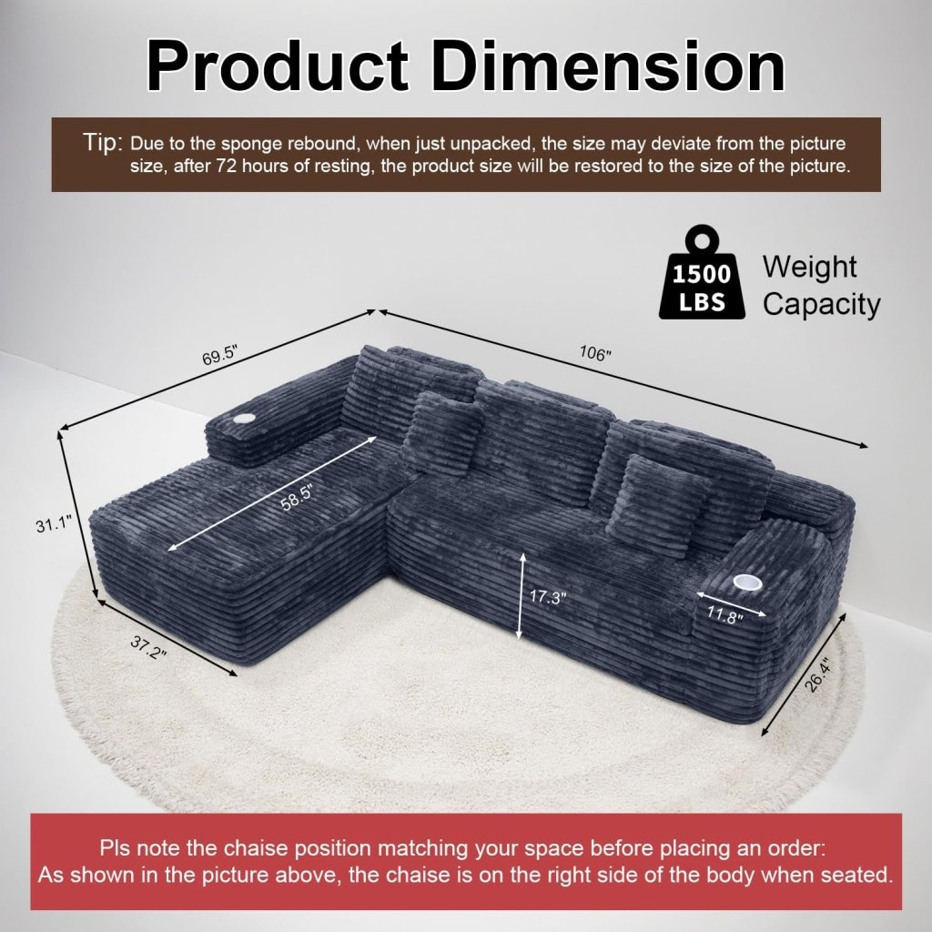Cloud Sectional Couch with L - Shape Chaise, Modern Modular Sofa with Deep Seat, Built - in Cup Holder & Storage Pocket - Wigtrends