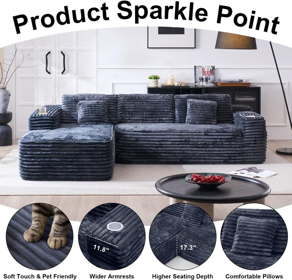 Cloud Sectional Couch with L - Shape Chaise, Modern Modular Sofa with Deep Seat, Built - in Cup Holder & Storage Pocket - Wigtrends