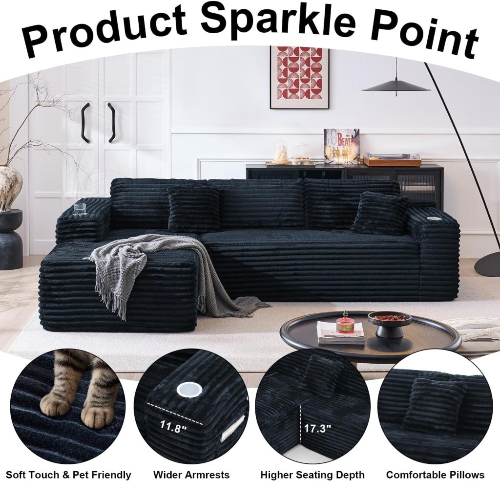 Cloud Sectional Couch with L - Shape Chaise, Modern Modular Sofa with Deep Seat, Built - in Cup Holder & Storage Pocket - Wigtrends