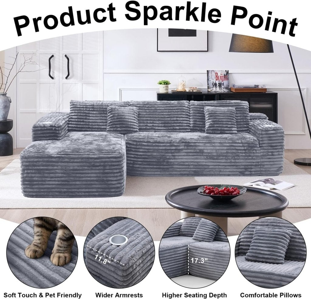 Cloud Sectional Couch with L - Shape Chaise, Modern Modular Sofa with Deep Seat, Built - in Cup Holder & Storage Pocket - Wigtrends