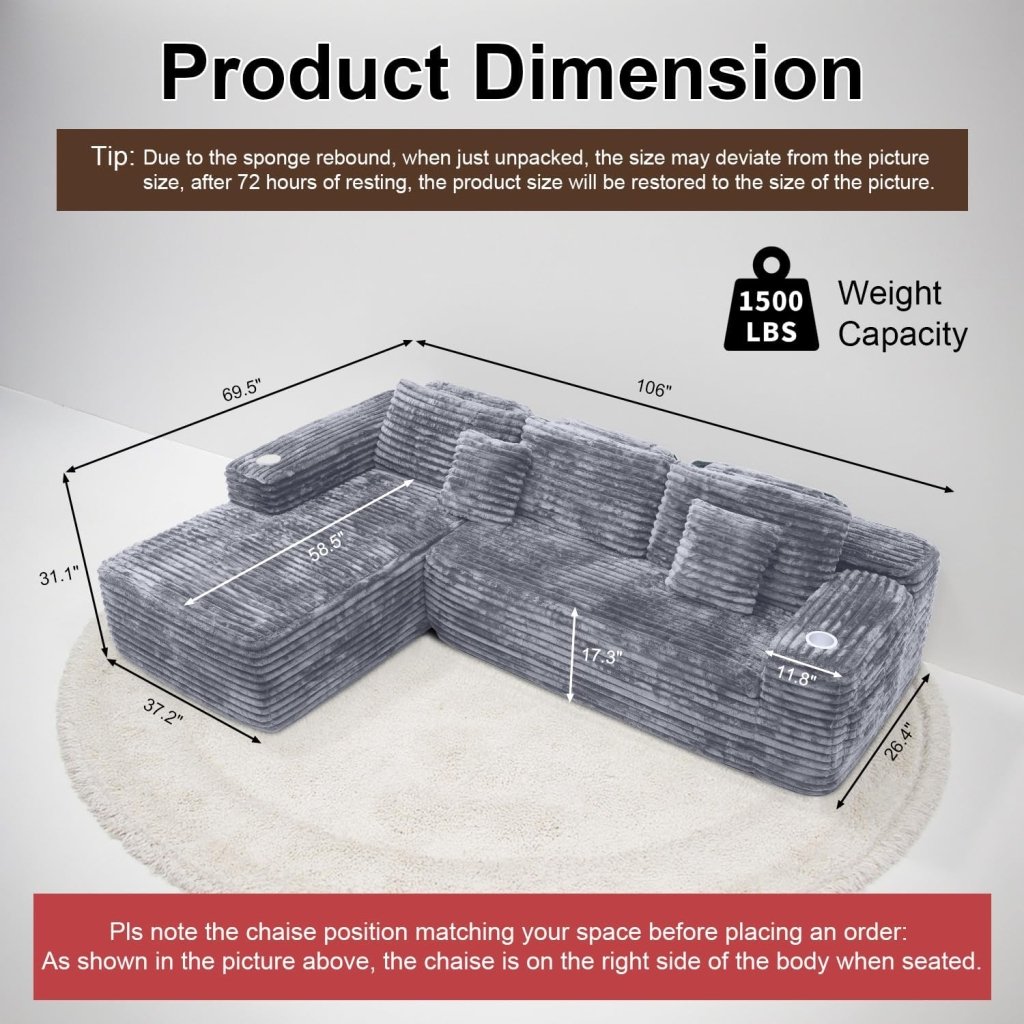 Cloud Sectional Couch with L - Shape Chaise, Modern Modular Sofa with Deep Seat, Built - in Cup Holder & Storage Pocket - Wigtrends