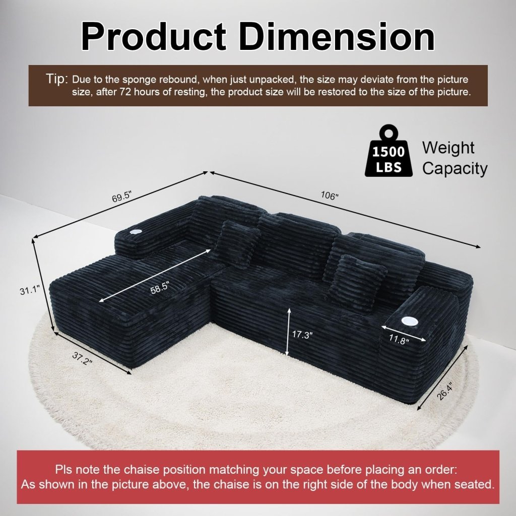 Cloud Sectional Couch with L - Shape Chaise, Modern Modular Sofa with Deep Seat, Built - in Cup Holder & Storage Pocket - Wigtrends