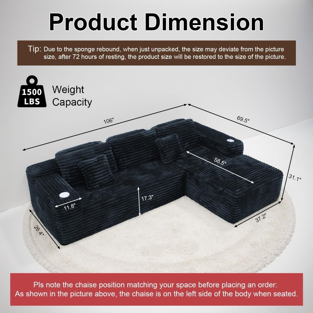 Cloud Sectional Couch with L - Shape Chaise, Modern Modular Sofa with Deep Seat, Built - in Cup Holder & Storage Pocket - Wigtrends