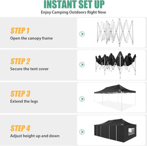 COBIZI 10x20 Heavy Duty Pop up Canopy Tent with 6 sidewalls Easy Up Commercial Outdoor Canopy Wedding Party Tents for Parties All Season Wind & Waterproof Gazebo with Roller Bag,Black(Frame Thickened) - Wigtrends