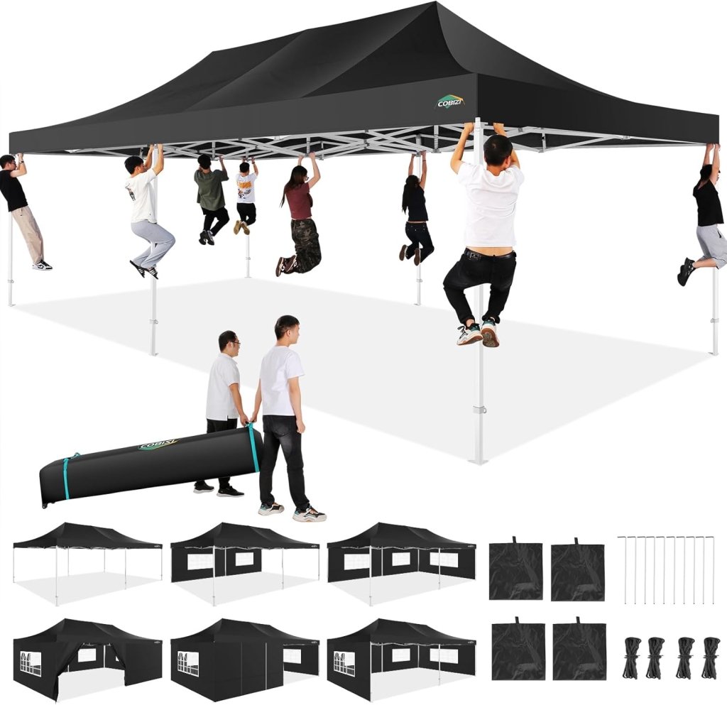 COBIZI 10x20 Heavy Duty Pop up Canopy Tent with 6 sidewalls Easy Up Commercial Outdoor Canopy Wedding Party Tents for Parties All Season Wind & Waterproof Gazebo with Roller Bag,Black(Frame Thickened) - Wigtrends