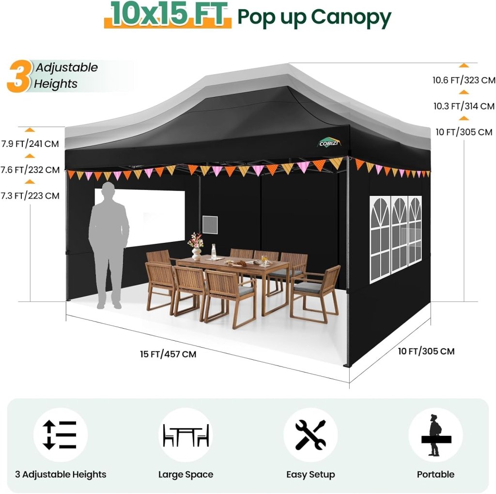 COBIZI 10x20 Heavy Duty Pop up Canopy Tent with 6 sidewalls Easy Up Commercial Outdoor Canopy Wedding Party Tents for Parties All Season Wind & Waterproof Gazebo with Roller Bag,Black(Frame Thickened) - Wigtrends