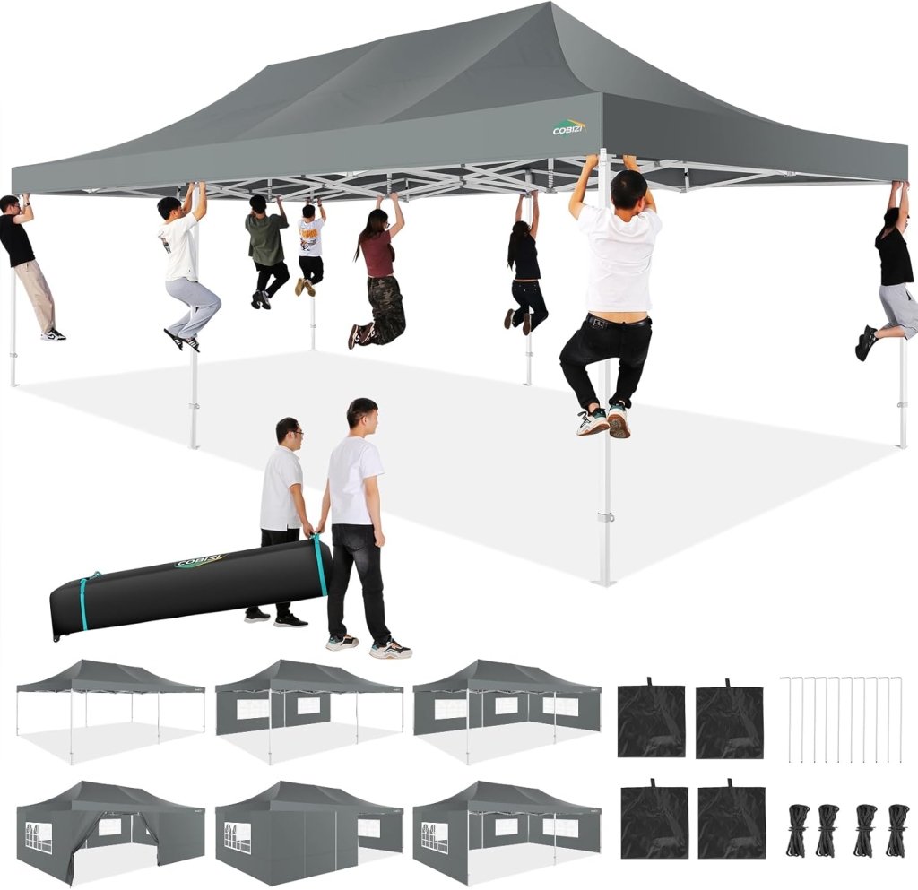 COBIZI 10x20 Heavy Duty Pop up Canopy Tent with 6 sidewalls Easy Up Commercial Outdoor Canopy Wedding Party Tents for Parties All Season Wind & Waterproof Gazebo with Roller Bag,Black(Frame Thickened) - Wigtrends