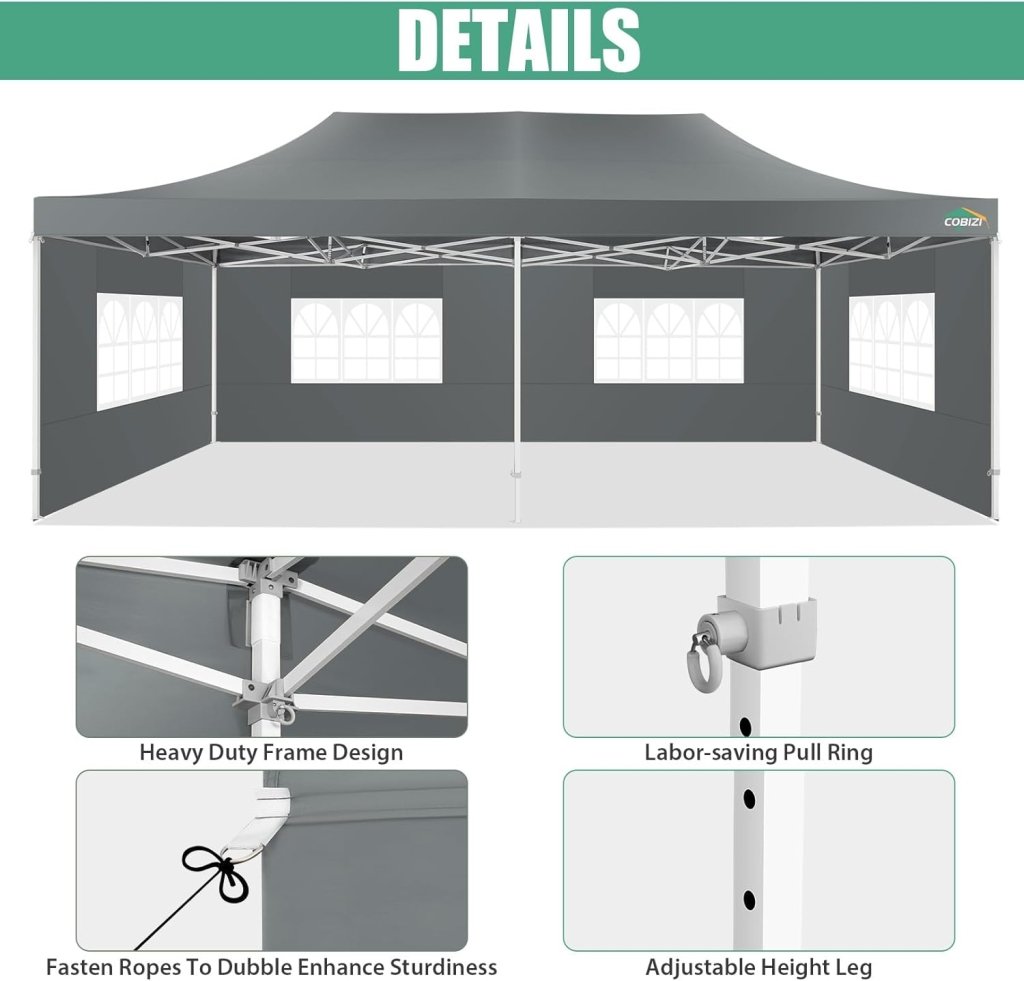 COBIZI 10x20 Heavy Duty Pop up Canopy Tent with 6 sidewalls Easy Up Commercial Outdoor Canopy Wedding Party Tents for Parties All Season Wind & Waterproof Gazebo with Roller Bag,Black(Frame Thickened) - Wigtrends