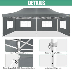 COBIZI 10x20 Heavy Duty Pop up Canopy Tent with 6 sidewalls Easy Up Commercial Outdoor Canopy Wedding Party Tents for Parties All Season Wind & Waterproof Gazebo with Roller Bag,Black(Frame Thickened) - Wigtrends