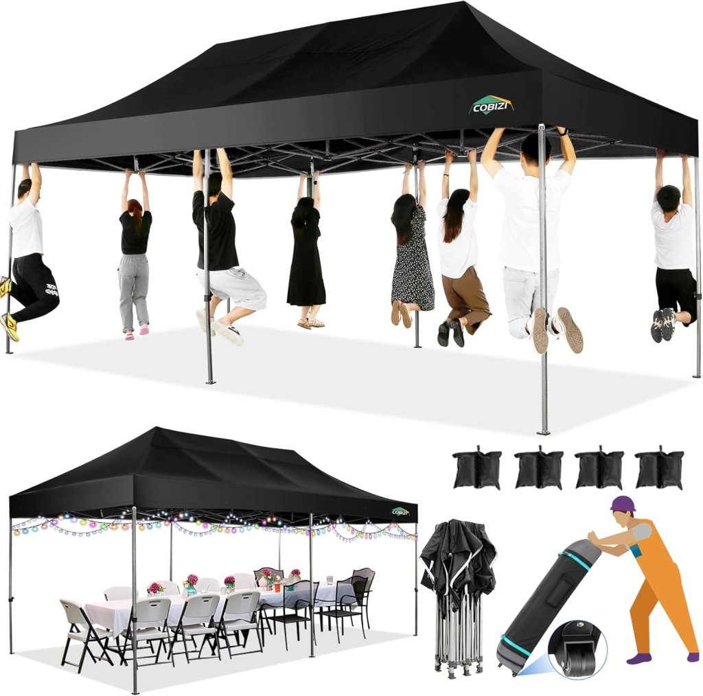 COBIZI 10x20 Heavy Duty Pop up Canopy Tent with 6 sidewalls Easy Up Commercial Outdoor Canopy Wedding Party Tents for Parties All Season Wind & Waterproof Gazebo with Roller Bag,Black(Frame Thickened) - Wigtrends