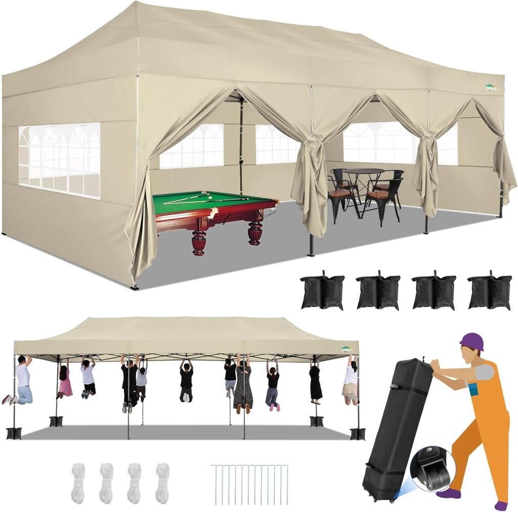 COBIZI 10x20 Heavy Duty Pop up Canopy Tent with 6 sidewalls Easy Up Commercial Outdoor Canopy Wedding Party Tents for Parties All Season Wind & Waterproof Gazebo with Roller Bag,Black(Frame Thickened) - Wigtrends