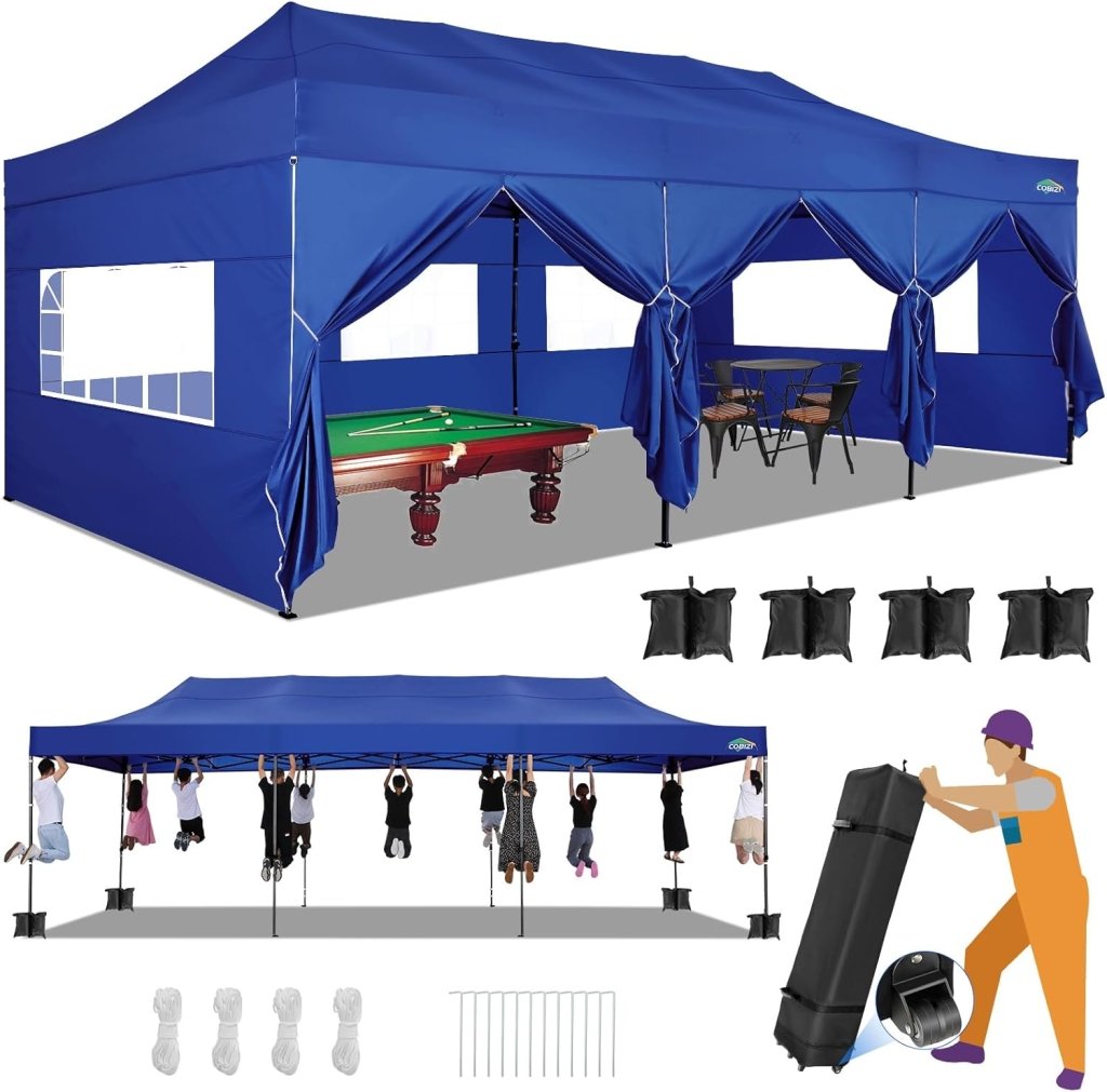 COBIZI 10x20 Heavy Duty Pop up Canopy Tent with 6 sidewalls Easy Up Commercial Outdoor Canopy Wedding Party Tents for Parties All Season Wind & Waterproof Gazebo with Roller Bag,Black(Frame Thickened) - Wigtrends