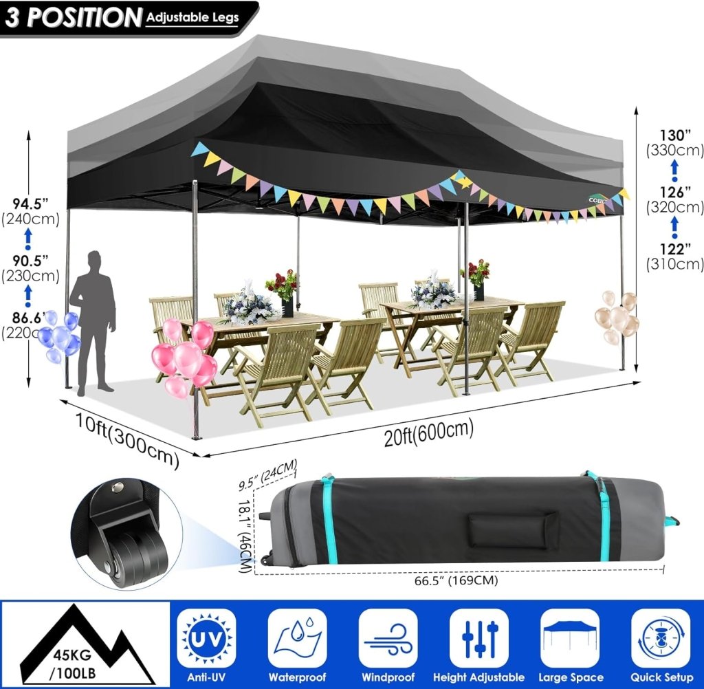 COBIZI 10x20 Heavy Duty Pop up Canopy Tent with 6 sidewalls Easy Up Commercial Outdoor Canopy Wedding Party Tents for Parties All Season Wind & Waterproof Gazebo with Roller Bag,Black(Frame Thickened) - Wigtrends