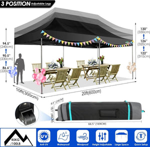 COBIZI 10x20 Heavy Duty Pop up Canopy Tent with 6 sidewalls Easy Up Commercial Outdoor Canopy Wedding Party Tents for Parties All Season Wind & Waterproof Gazebo with Roller Bag,Black(Frame Thickened) - Wigtrends