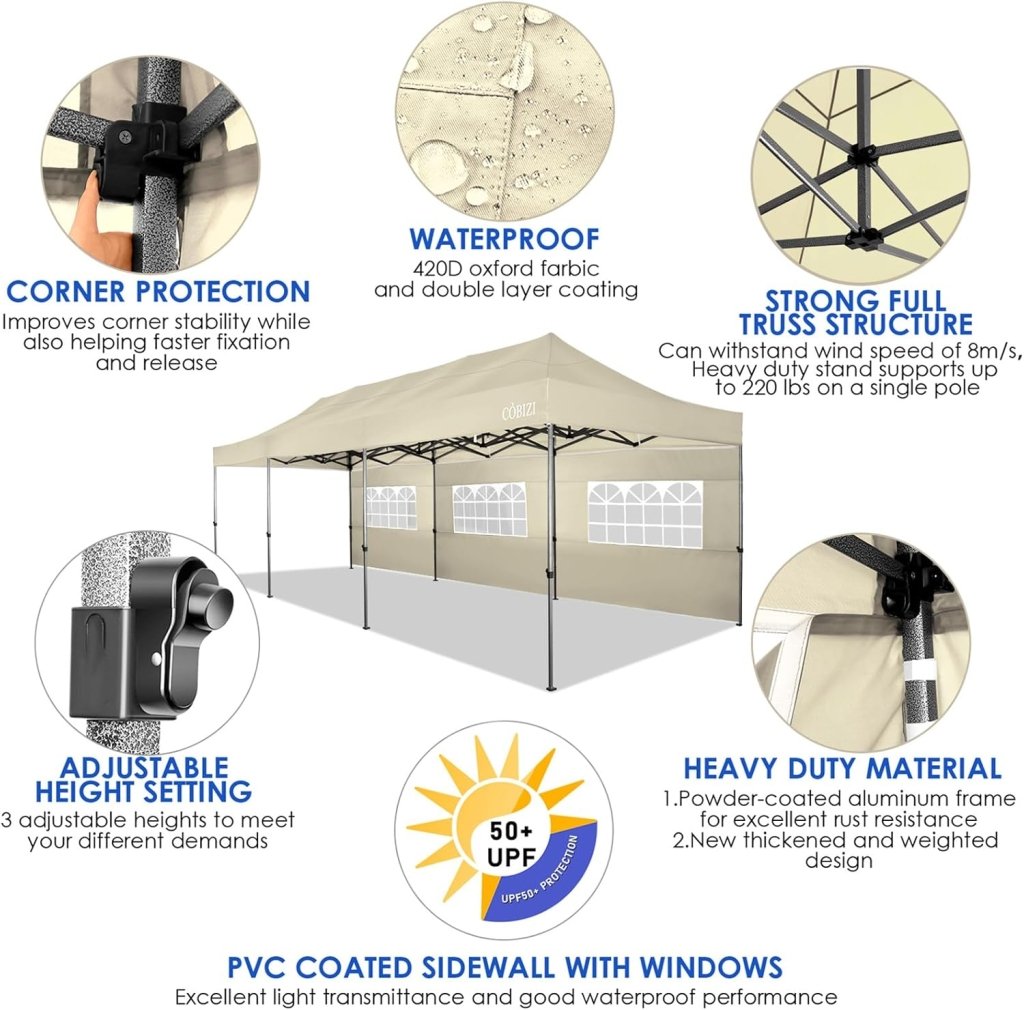 COBIZI 10x20 Heavy Duty Pop up Canopy Tent with 6 sidewalls Easy Up Commercial Outdoor Canopy Wedding Party Tents for Parties All Season Wind & Waterproof Gazebo with Roller Bag,Black(Frame Thickened) - Wigtrends