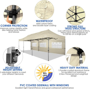 COBIZI 10x20 Heavy Duty Pop up Canopy Tent with 6 sidewalls Easy Up Commercial Outdoor Canopy Wedding Party Tents for Parties All Season Wind & Waterproof Gazebo with Roller Bag,Black(Frame Thickened) - Wigtrends