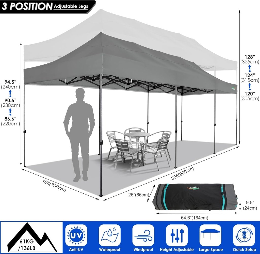 COBIZI 10x20 Heavy Duty Pop up Canopy Tent with 6 sidewalls Easy Up Commercial Outdoor Canopy Wedding Party Tents for Parties All Season Wind & Waterproof Gazebo with Roller Bag,Black(Frame Thickened) - Wigtrends