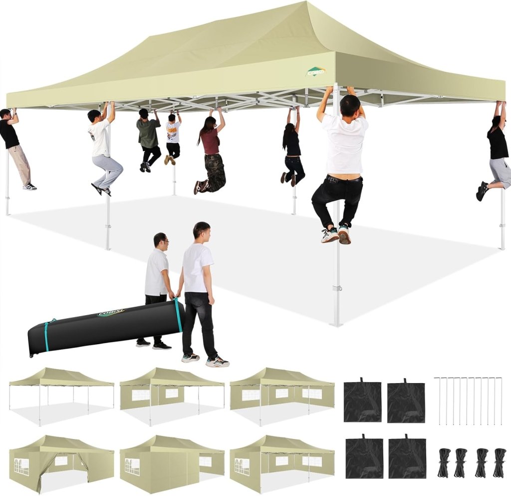 COBIZI 10x20 Heavy Duty Pop up Canopy Tent with 6 sidewalls Easy Up Commercial Outdoor Canopy Wedding Party Tents for Parties All Season Wind & Waterproof Gazebo with Roller Bag,Black(Frame Thickened) - Wigtrends