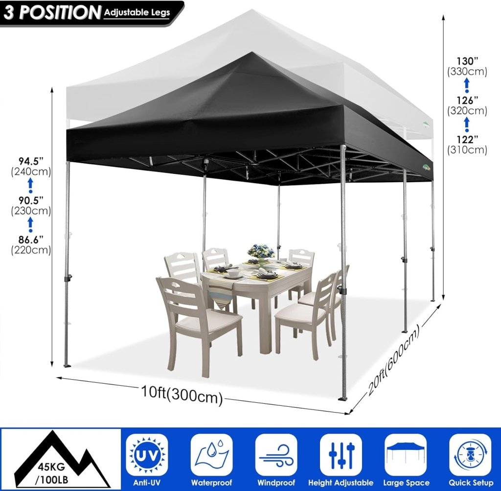 COBIZI 10x20 Heavy Duty Pop up Canopy Tent with 6 sidewalls Easy Up Commercial Outdoor Canopy Wedding Party Tents for Parties All Season Wind & Waterproof Gazebo with Roller Bag,Black(Frame Thickened) - Wigtrends