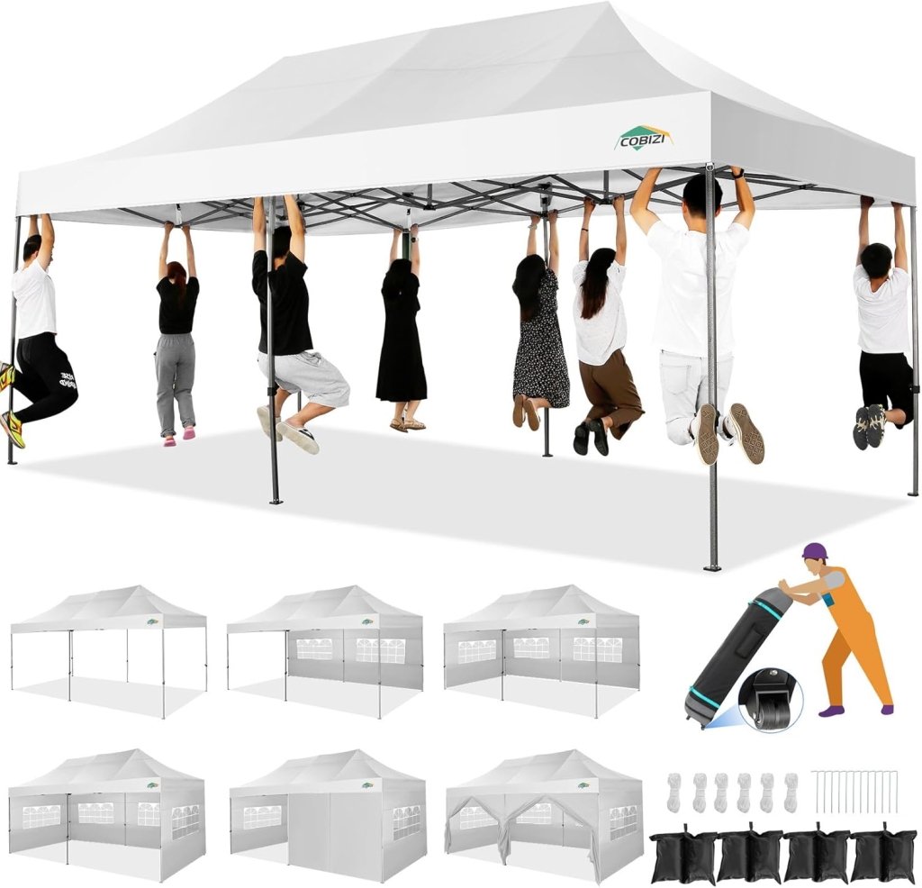 COBIZI 10x20 Heavy Duty Pop up Canopy Tent with 6 sidewalls Easy Up Commercial Outdoor Canopy Wedding Party Tents for Parties All Season Wind & Waterproof Gazebo with Roller Bag,Black(Frame Thickened) - Wigtrends