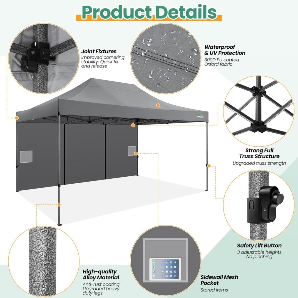 COBIZI 10x20 Heavy Duty Pop up Canopy Tent with 6 sidewalls Easy Up Commercial Outdoor Canopy Wedding Party Tents for Parties All Season Wind & Waterproof Gazebo with Roller Bag,Black(Frame Thickened) - Wigtrends