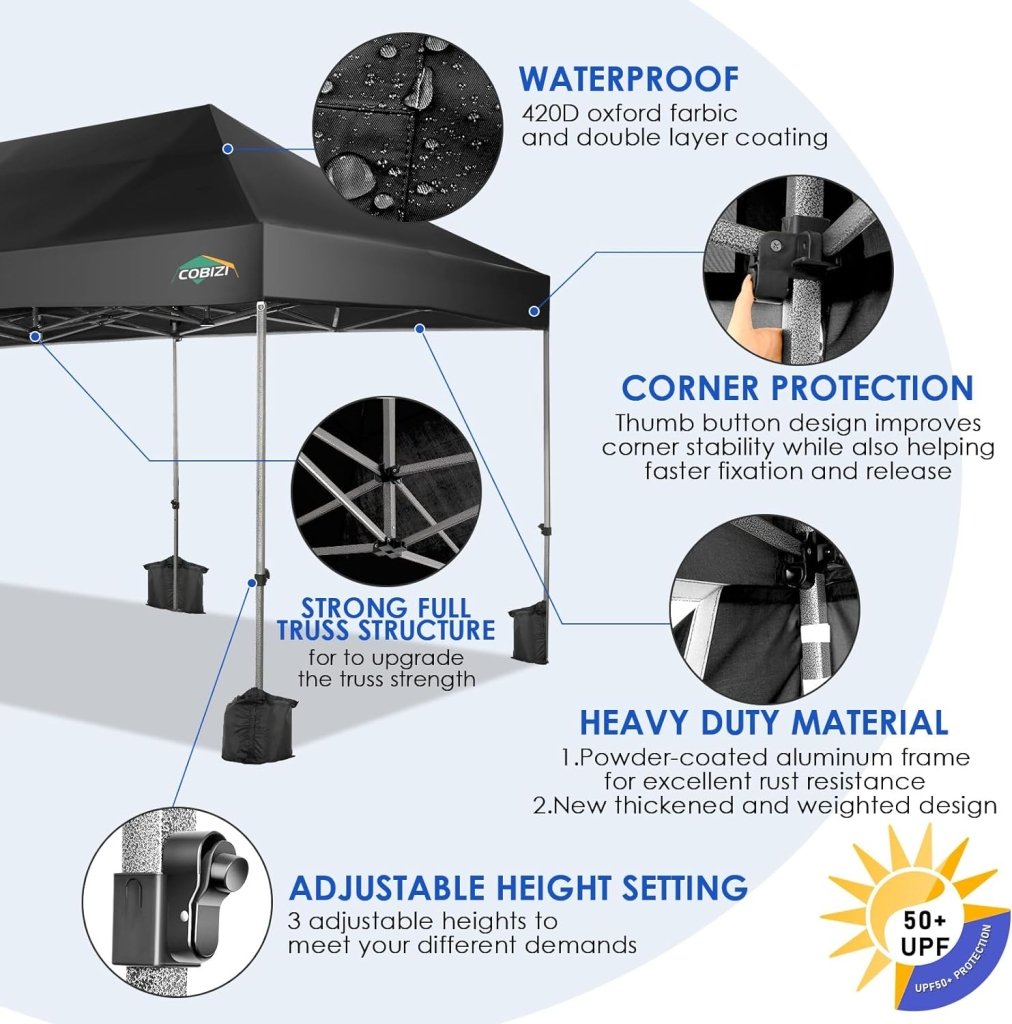 COBIZI 10x20 Heavy Duty Pop up Canopy Tent with 6 sidewalls Easy Up Commercial Outdoor Canopy Wedding Party Tents for Parties All Season Wind & Waterproof Gazebo with Roller Bag,Black(Frame Thickened) - Wigtrends